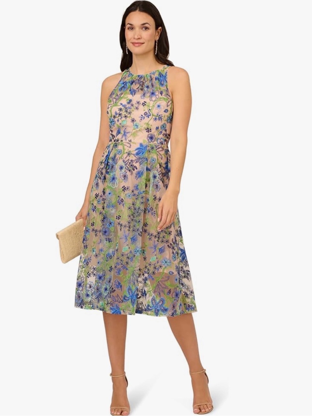 Adrianna Papell Embroidered Floral Mesh Midi Fit Flare Dress 12 Cocktail New NWT